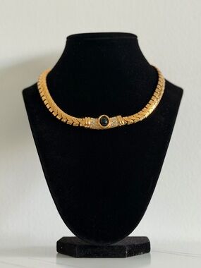 Gold-Tone Choker Necklace with Black Stone Center
